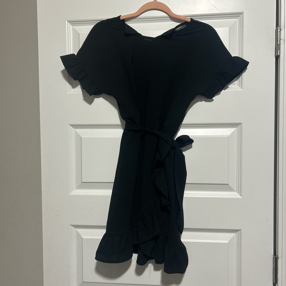 Black Ruffle Sleeve Wrap Dress